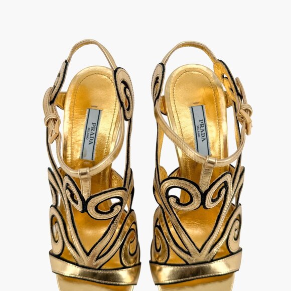 Prada Baroque Gold Caged Sandals Size 37.5 US 7.5 Cutout Metallic Leather Heels - Picture 5 of 15